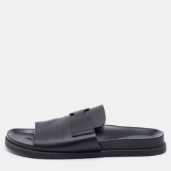 Hermes Black Leather Vigo Flat Slides Size 44.5