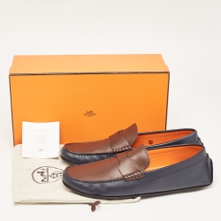 Hermes Blue/Brown Leather Oscar Slip On Loafers Size 43