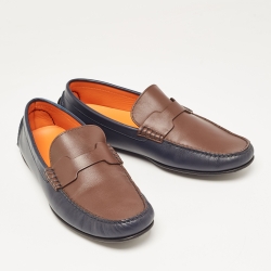 Hermes Blue/Brown Leather Oscar Slip On Loafers Size 43