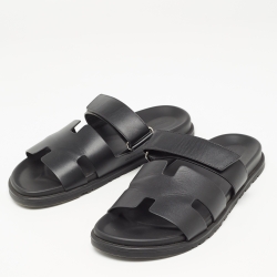 Hermes Black Leather Chypre Sandals  Size 44