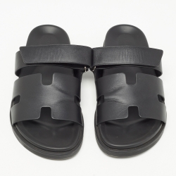 Hermes Black Leather Chypre Sandals  Size 44