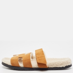 Hermes Tan Suede Fur Lined Chypre Slides Size 45 