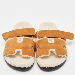 Hermes Tan Suede Fur Lined Chypre Slides Size 45 