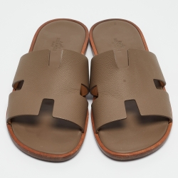 Hermes Grey Leather Izmir Flat Slides Size 42