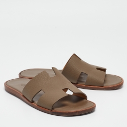 Hermes Grey Leather Izmir Flat Slides Size 42