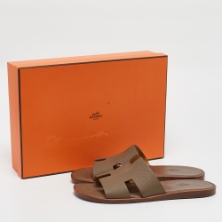 Hermes Grey Leather Izmir Flat Slides Size 42
