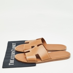 Hermes Brown Leather Izmir Slide Flats Size 41