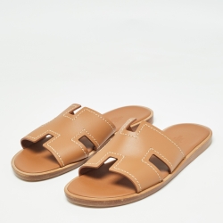 Hermes Brown Leather Izmir Slide Flats Size 41