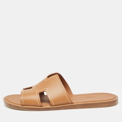 Hermes Brown Leather Izmir Slide Flats Size 41