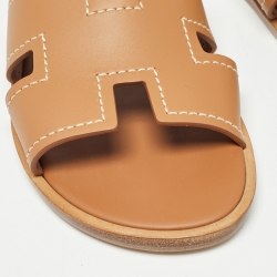 Hermes Brown Leather Izmir Slide Flats Size 41
