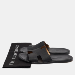 Hermes Black Leather Izmir Slides Size 43.5