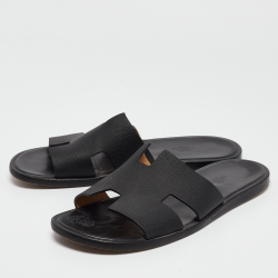 Hermes Black Leather Izmir Slides Size 43.5