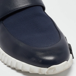 Pre Owned Hermes Navy Blue Leather and Canvas H Sneakers Size 45