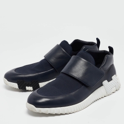 Pre Owned Hermes Navy Blue Leather and Canvas H Sneakers Size 45