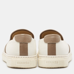 Hermes White/Brown Leather Kick Slip On Sneakers Size 42