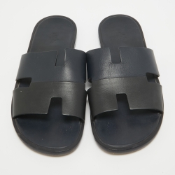 Hermes Navy Blue/Black Leather Izmir Slides Size 44