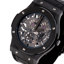 Pre Owned Hublot Skeleton Black Ceramic Rubber Leather Classic Fusion Ultra Thin 515.CM.0140.LR Men's Wristwatch 45 mm