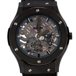 Pre Owned Hublot Skeleton Black Ceramic Rubber Leather Classic Fusion Ultra Thin 515.CM.0140.LR Men's Wristwatch 45 mm