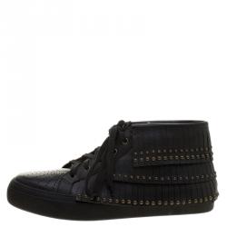 Jimmy Choo Black Leather Bastian Fringe High Top Sneakers Size 42