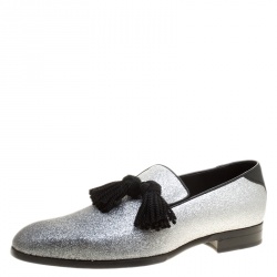 Pre Owned Jimmy Choo Metallic Silver Glitter Foxley Tassel Loafers Size 43