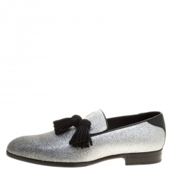 Pre Owned Jimmy Choo Metallic Silver Glitter Foxley Tassel Loafers Size 43