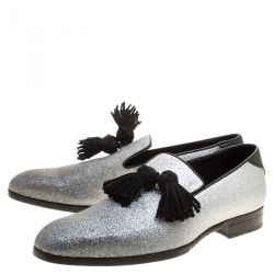 Pre Owned Jimmy Choo Metallic Silver Glitter Foxley Tassel Loafers Size 43