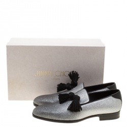Pre Owned Jimmy Choo Metallic Silver Glitter Foxley Tassel Loafers Size 43