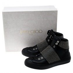 مملوكة مسبقًا حذاء رياضي جيمي تشو مرتفع من أعلى أرشي جلد مرصع أسود مقاس 42