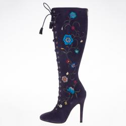 Pre Owned Jimmy Choo Purple Suede Floral Embroidered Colorado Knee Length Boots Size 38.5