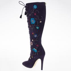 Pre Owned Jimmy Choo Purple Suede Floral Embroidered Colorado Knee Length Boots Size 38.5