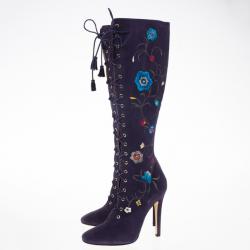 Pre Owned Jimmy Choo Purple Suede Floral Embroidered Colorado Knee Length Boots Size 38.5
