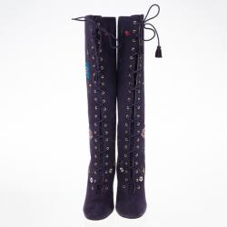 Pre Owned Jimmy Choo Purple Suede Floral Embroidered Colorado Knee Length Boots Size 38.5