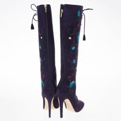 Pre Owned Jimmy Choo Purple Suede Floral Embroidered Colorado Knee Length Boots Size 38.5