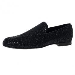Jimmy Choo Black Coarse Glitter Sloane Smoking Slippers Size 42