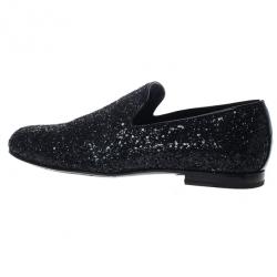 Jimmy Choo Black Coarse Glitter Sloane Smoking Slippers Size 42