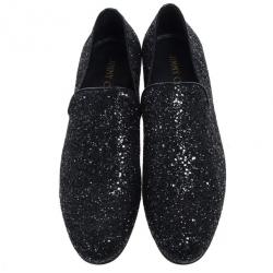 Jimmy Choo Black Coarse Glitter Sloane Smoking Slippers Size 42