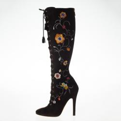 Pre Owned Jimmy Choo Brown Suede Floral Embroidered Colorado Knee Length Boots Size 36