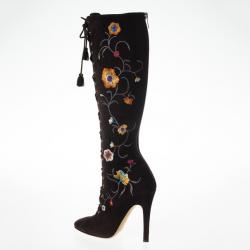 Pre Owned Jimmy Choo Brown Suede Floral Embroidered Colorado Knee Length Boots Size 36