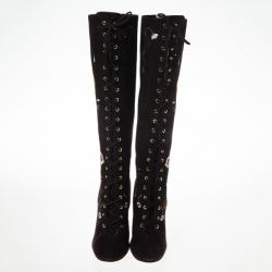 Pre Owned Jimmy Choo Brown Suede Floral Embroidered Colorado Knee Length Boots Size 36
