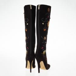 Pre Owned Jimmy Choo Brown Suede Floral Embroidered Colorado Knee Length Boots Size 36
