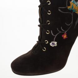 Pre Owned Jimmy Choo Brown Suede Floral Embroidered Colorado Knee Length Boots Size 36