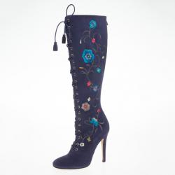 مملوكة مسبقًا Jimmy Choo Purple Suede Floral Embroidered Colorado Knee Length Boots Size 39 