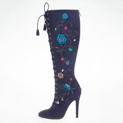 مملوكة مسبقًا Jimmy Choo Purple Suede Floral Embroidered Colorado Knee Length Boots Size 39 