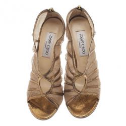 Pre Owned Jimmy Choo Gold Leather and Mesh Back Zip Ankle Booties Size 38