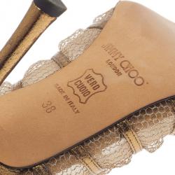 Pre Owned Jimmy Choo Gold Leather and Mesh Back Zip Ankle Booties Size 38