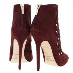 مملوكة مسبقًا Jimmy Choo Maroon Suede Dane Claret Lattice Peep Toe Booties Size 38