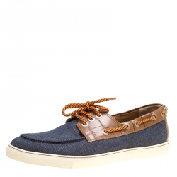 Jimmy Choo Blue Canvas and Brown Croc Embossed Leather Cheyne Boat Loafers Size 44