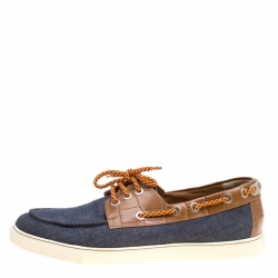 Jimmy Choo Blue Canvas and Brown Croc Embossed Leather Cheyne Boat Loafers Size 44