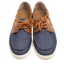 Jimmy Choo Blue Canvas and Brown Croc Embossed Leather Cheyne Boat Loafers Size 44