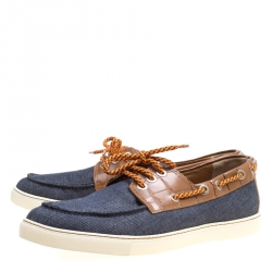 Jimmy Choo Blue Canvas and Brown Croc Embossed Leather Cheyne Boat Loafers Size 44